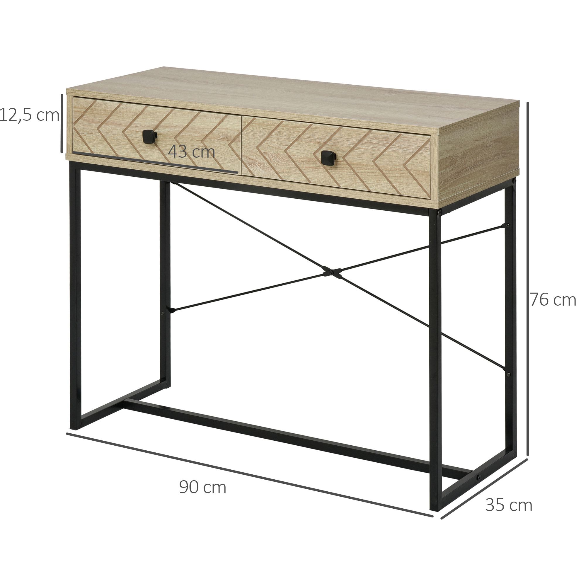 Table console industriel 2 tiroirs bois naturel pieds métal dim. 90 x 35 x 76 cm