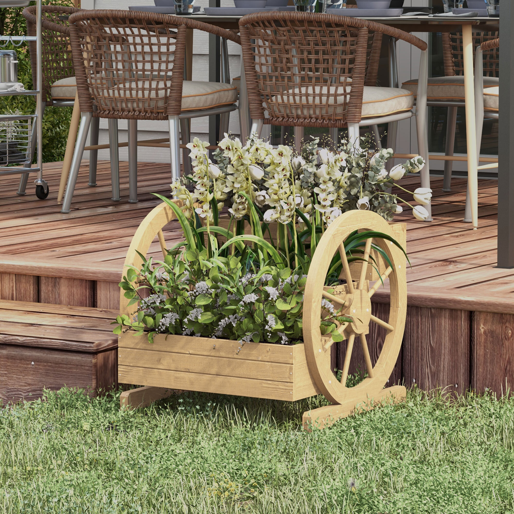 Jardinera de Madera Macetero Exterior de 3 Niveles Diseño de Escalera y Forma de Ruedas Orificios de Drenaje Huerto Urbano Cultivos Plantas Flores en Terraza Jardín 61x62x57 cm
