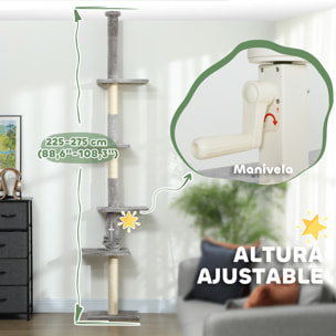 Árbol para Gatos de Suelo a Techo 225-275 cm Árbol Rascador para Gatos Torre para Gatos con Múltiples Plataformas Sistema de Antivuelco Gris Claro