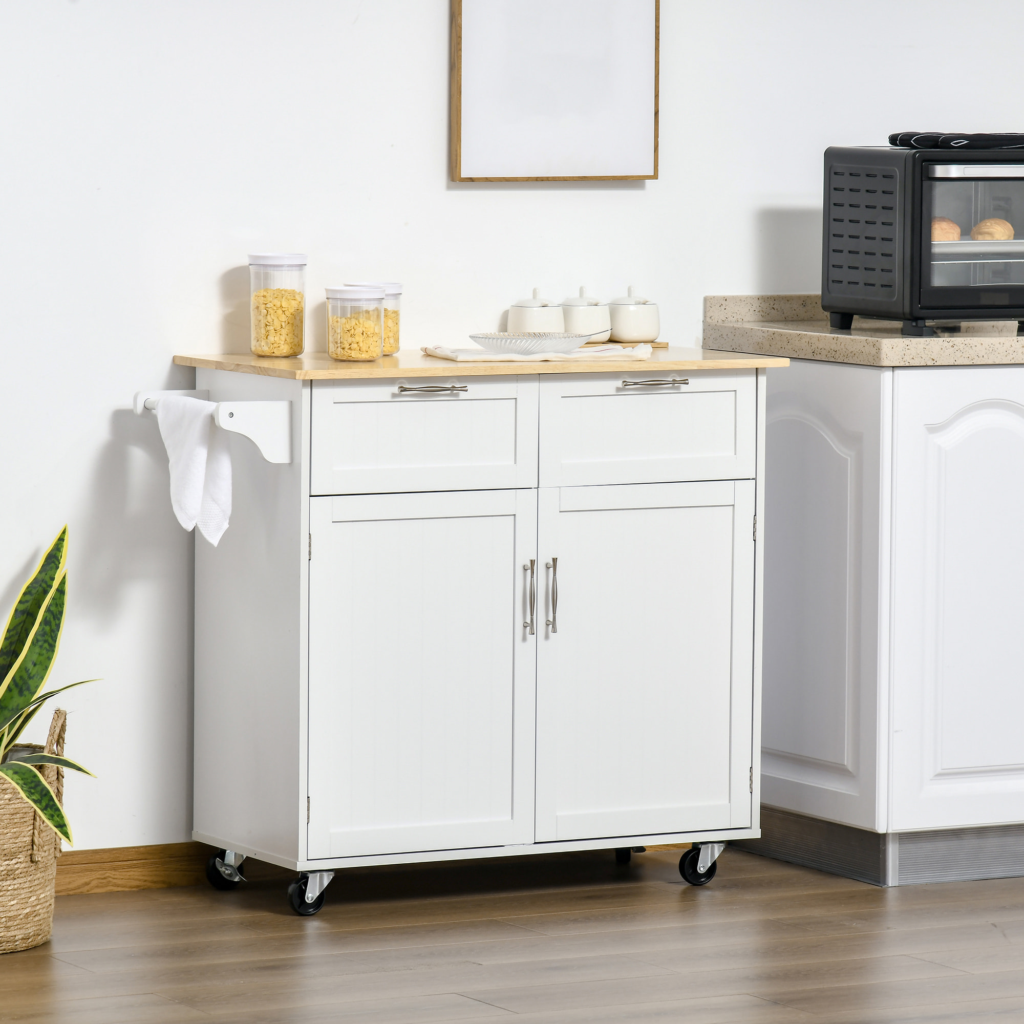 Carro de Cocina con Ruedas Mueble Auxiliar de Cocina con 2 Cajones 2 Puertas Estante Ajustable y Toallero para Comedor Salón 104x46x91 cm Blanco