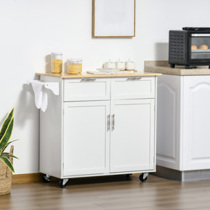 Carro de Cocina con Ruedas Mueble Auxiliar de Cocina con 2 Cajones 2 Puertas Estante Ajustable y Toallero para Comedor Salón 104x46x91 cm Blanco