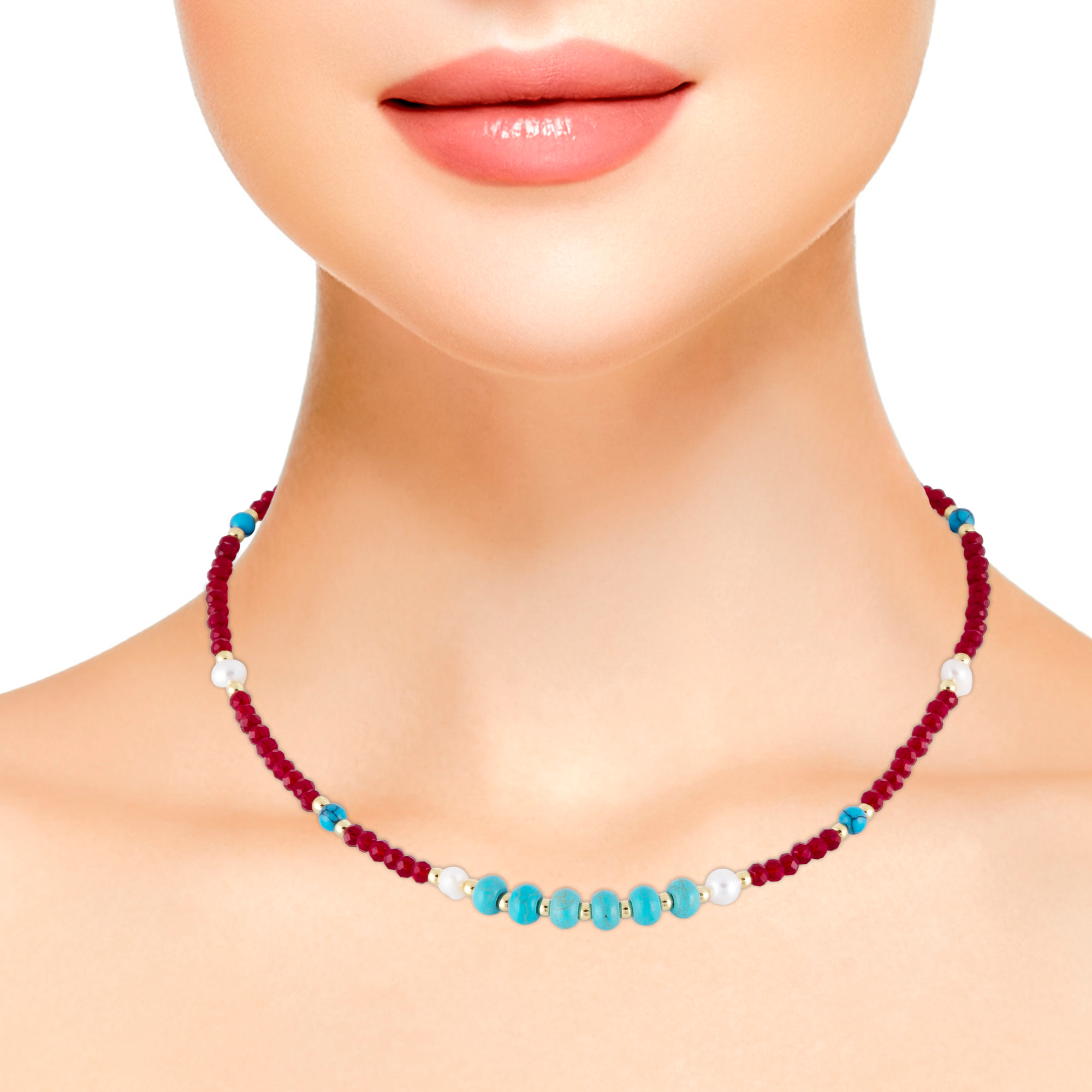 Collar de turquesa, cristal y perlas naturales con cierre de mosquetón.