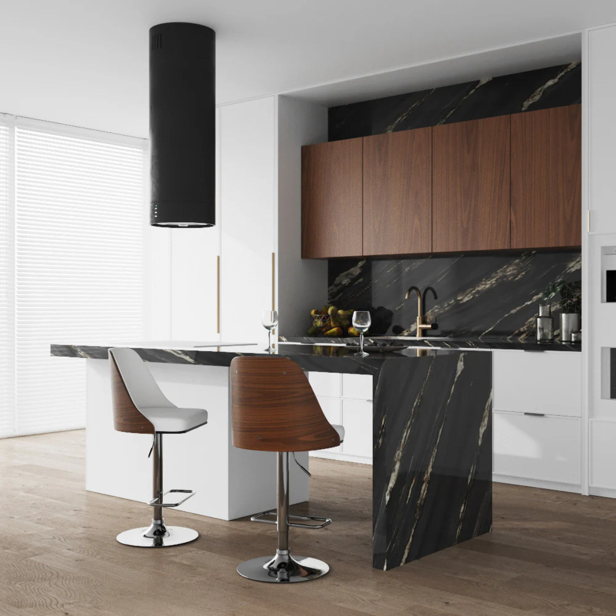 Chaise de bar réglable et pivotante en bois foncé et PU blanc 56/77 cm - Georges