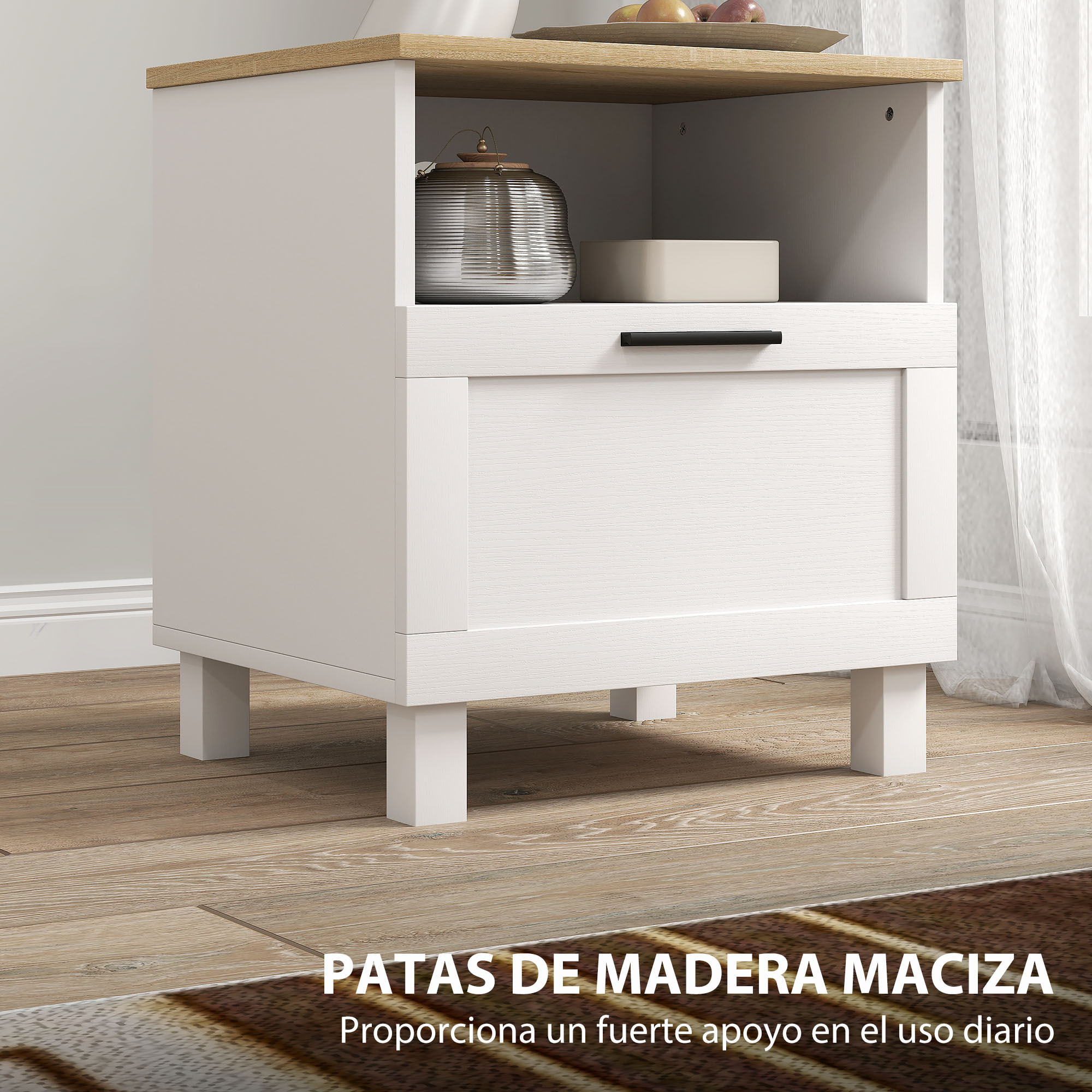 Juego de 2 Mesitas de Noche Modernas, Mesillas de Noche con Cajón, Compartimento Abierto, Patas de Madera, Mesa Auxiliar para Salón, Dormitorio, 45x38x50 cm, Blanco