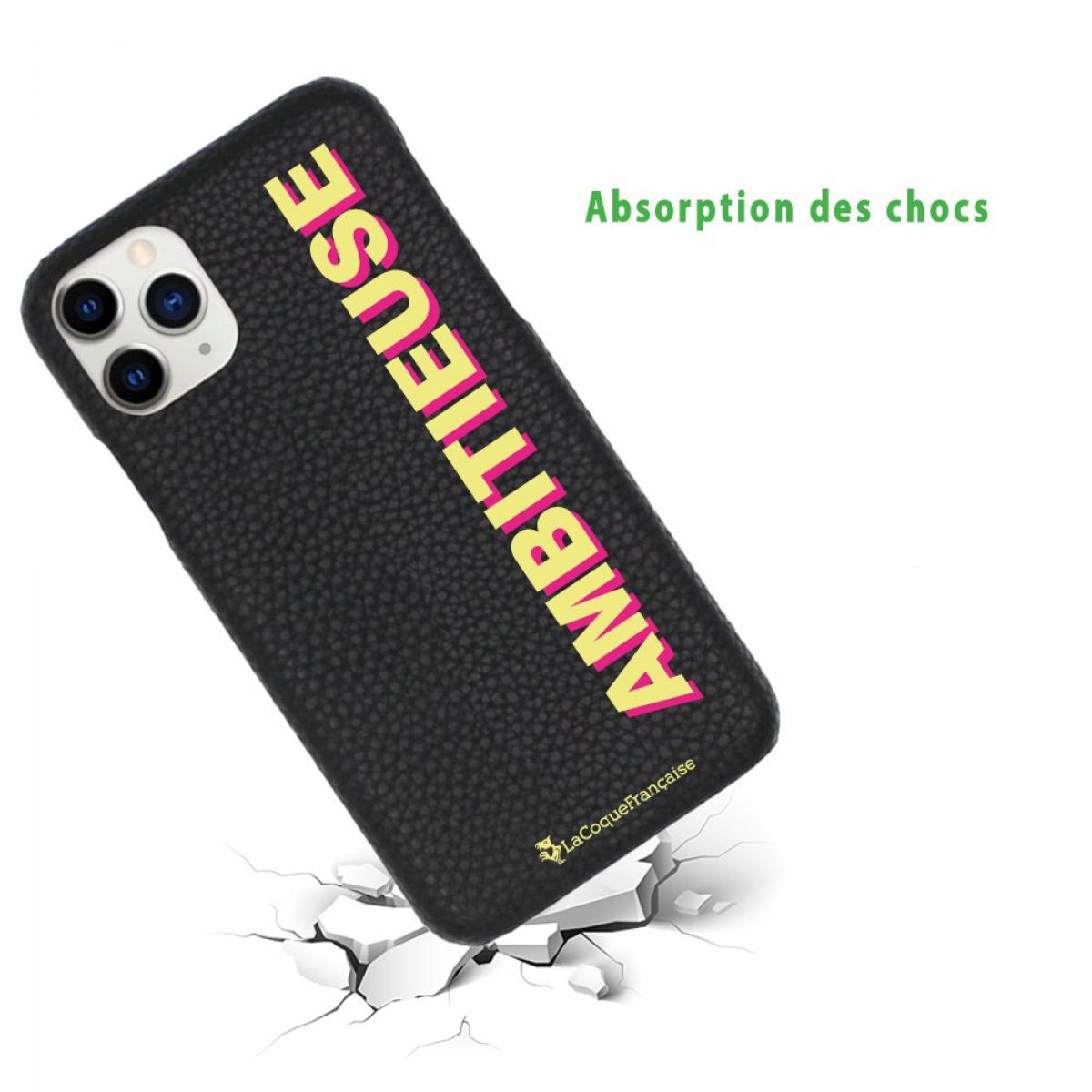 Coque iPhone 11 Pro effet cuir grainé noir Ambitieuse jaune et fushia Design La Coque Francaise