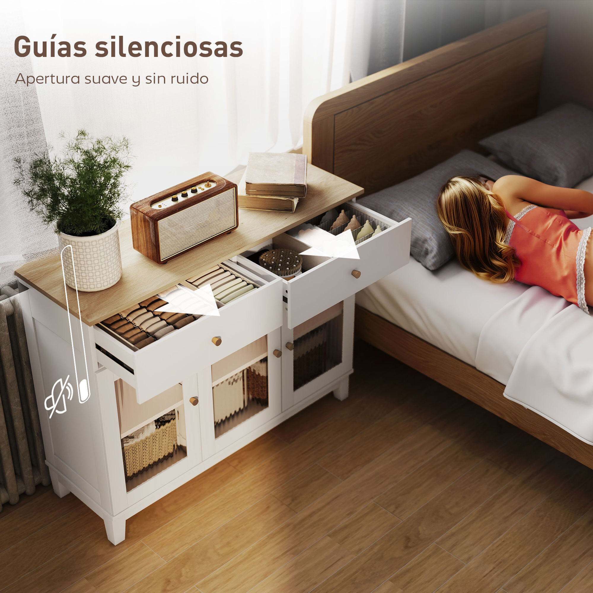 Aparador 3 Puertas de Vidrio Aparador para Salón Moderno con 2 Cajones y Estantes Ajustables para Comedor Entrada Blanco 100x35x80,3 cm