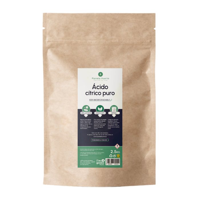 PLANETA HUERTO | Ácido Cítrico 2,5 Kg Anhidro Ecológico y Biodegradable - Acído Cítrico Desincrustante Natural Lavadora, Abrillantador Lavavajillas y Suavizante Ropa, Ideal Detergentes Casero