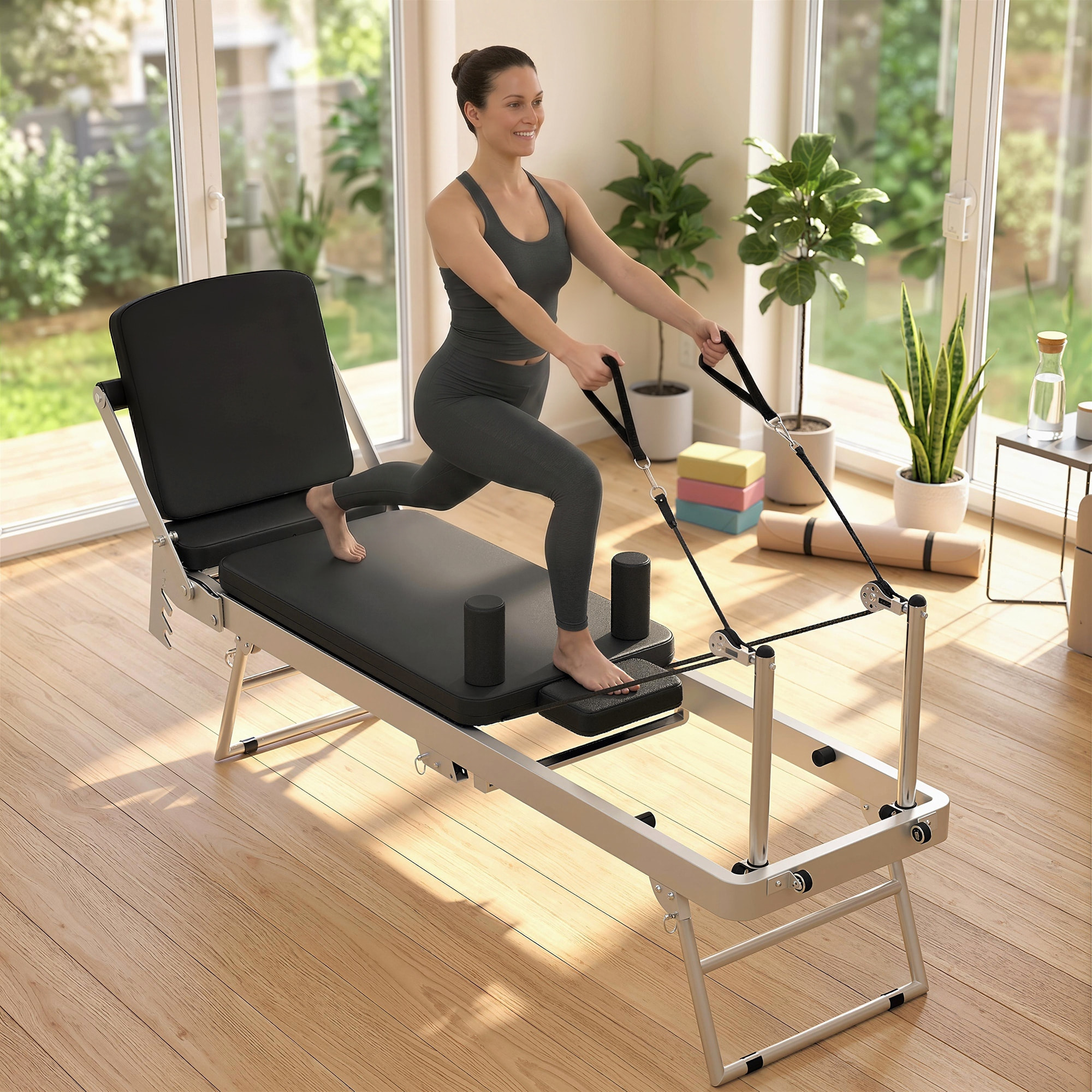 Machine reformer pilates pliable système hybride 4 ressorts acier blanc