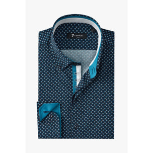 Camicia Uomo 2 Bottoni Button Down Slim Popeline Stampato Blu/Turchese