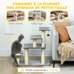 Escalier pour chat 4 marches - 8 poteaux griffoirs, jeu boule suspendue - sisal peluche gris
