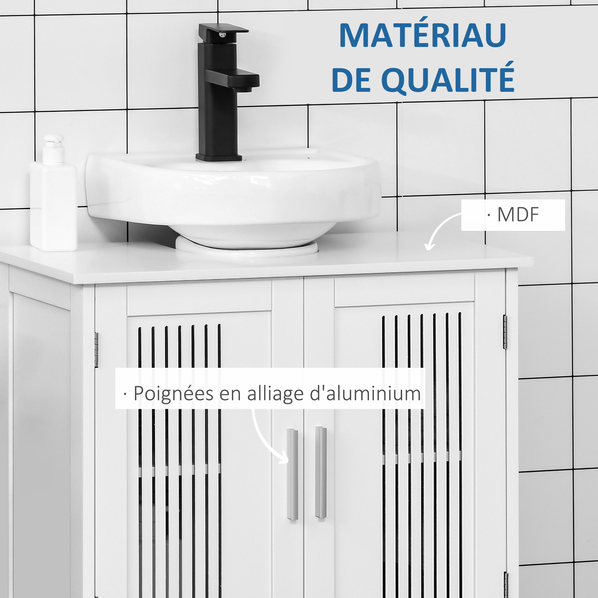 Meuble vasque - meuble sous-vasque - 2 portes rainurées avec étagère réglable - poignées alliage aluminium - dim. 60L x 30l x 60H cm - MDF blanc