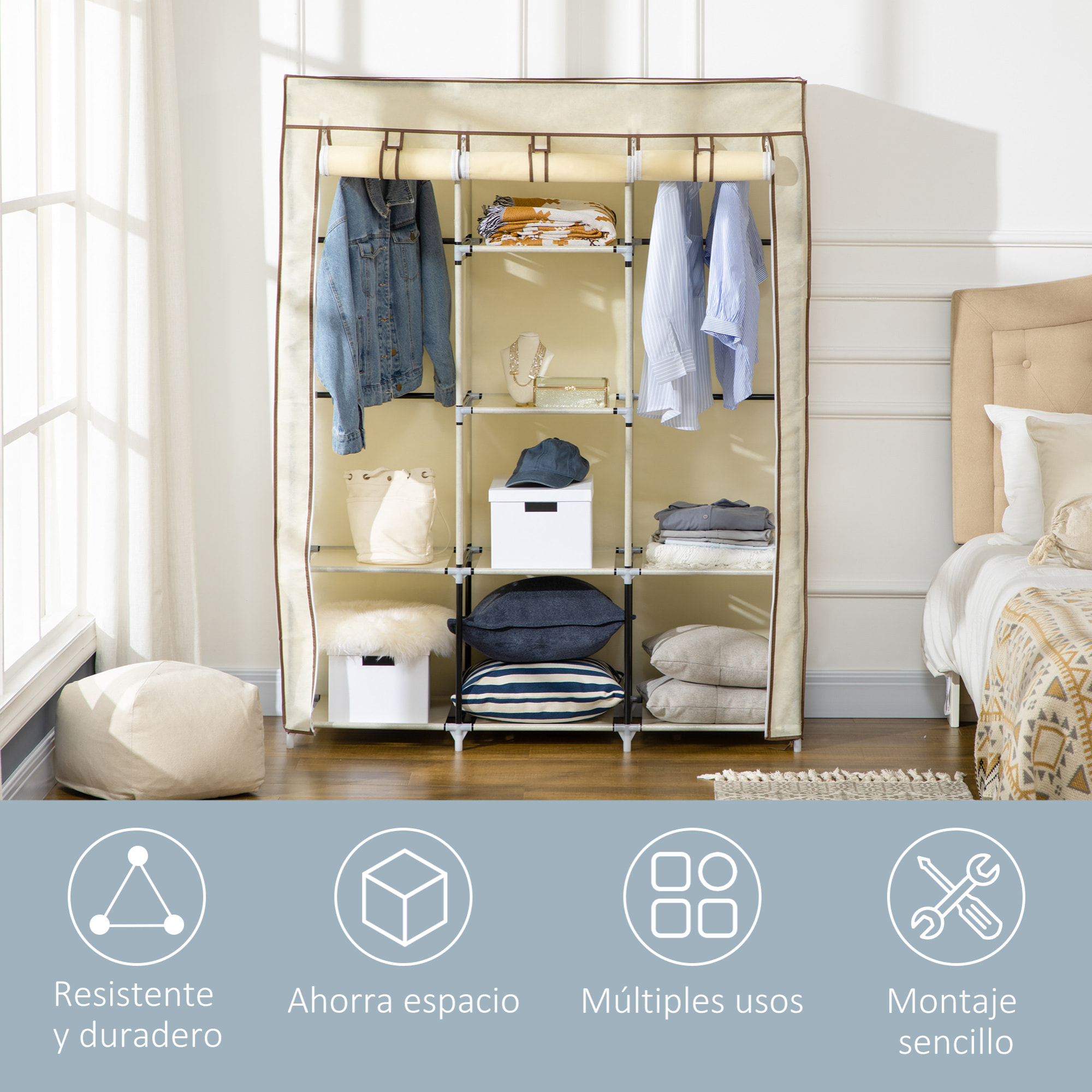 HOMCOM Armario de Tela Plegable Armario Portátil con 8 Estantes de Almacenaje y 2 Barras para Colgar Organizador de Ropa para Dormitorio Vestidor 125x43x162,5 cm Crema