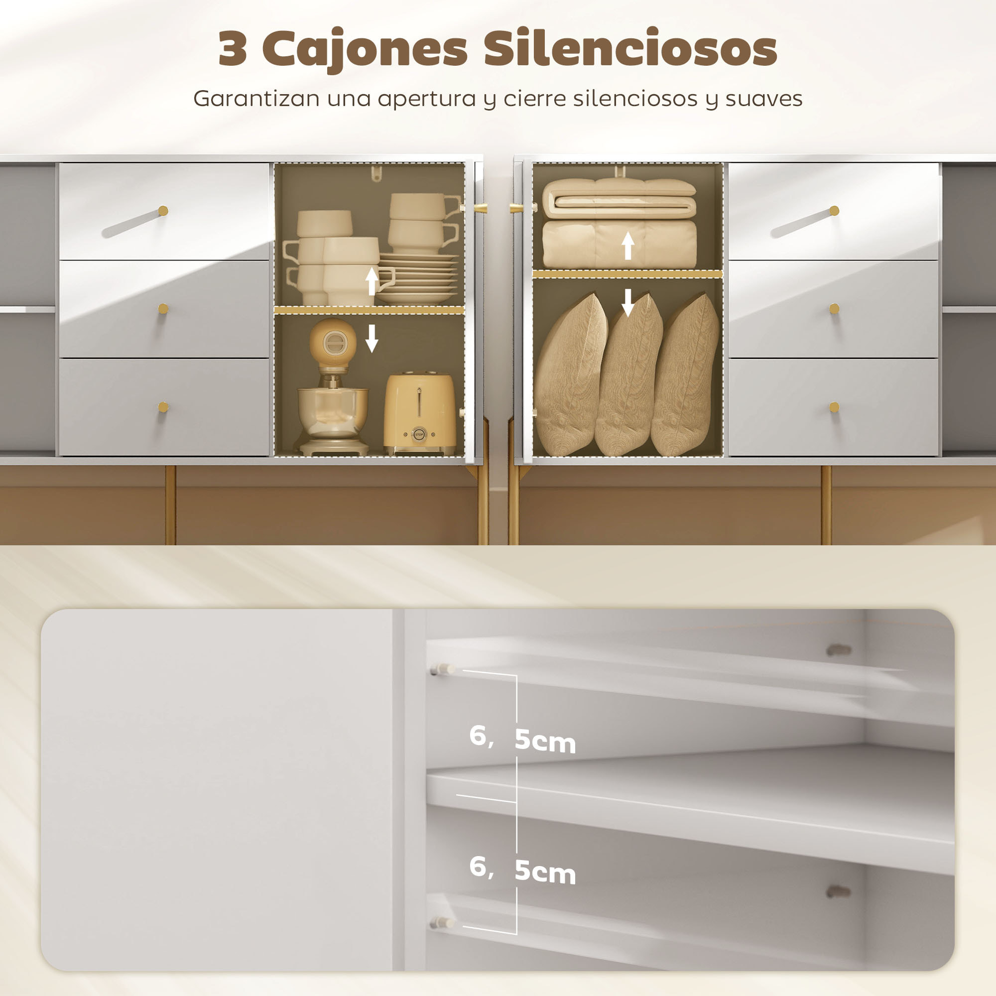 Aparador Moderno de 2 Puertas, Aparador de Salón con 3 Cajones, Estantes Ajustables, Encimera con Efecto Mármol, Patas de Acero, para Cocina, Entrada, Dormitorio, Blanco, 120x39,1x76 cm