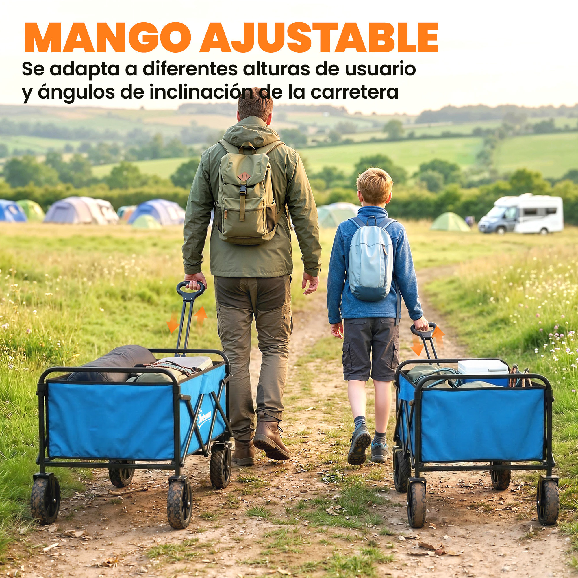 Carro Playa con Ruedas Grandes Bloqueables, Carro de Jardín Plegable con Mango Ajustable, Portavasos y Marco de Metal, Carga 80 kg, Carrito Transporte para Jardín, Campaña, Compras, Azul