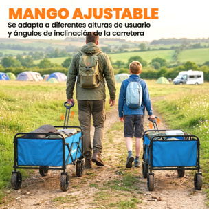 Carro Playa con Ruedas Grandes Bloqueables, Carro de Jardín Plegable con Mango Ajustable, Portavasos y Marco de Metal, Carga 80 kg, Carrito Transporte para Jardín, Campaña, Compras, Azul