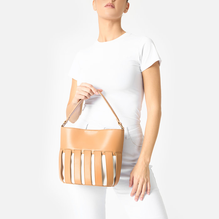 Borsa a spalla donna cognac, a secchiello