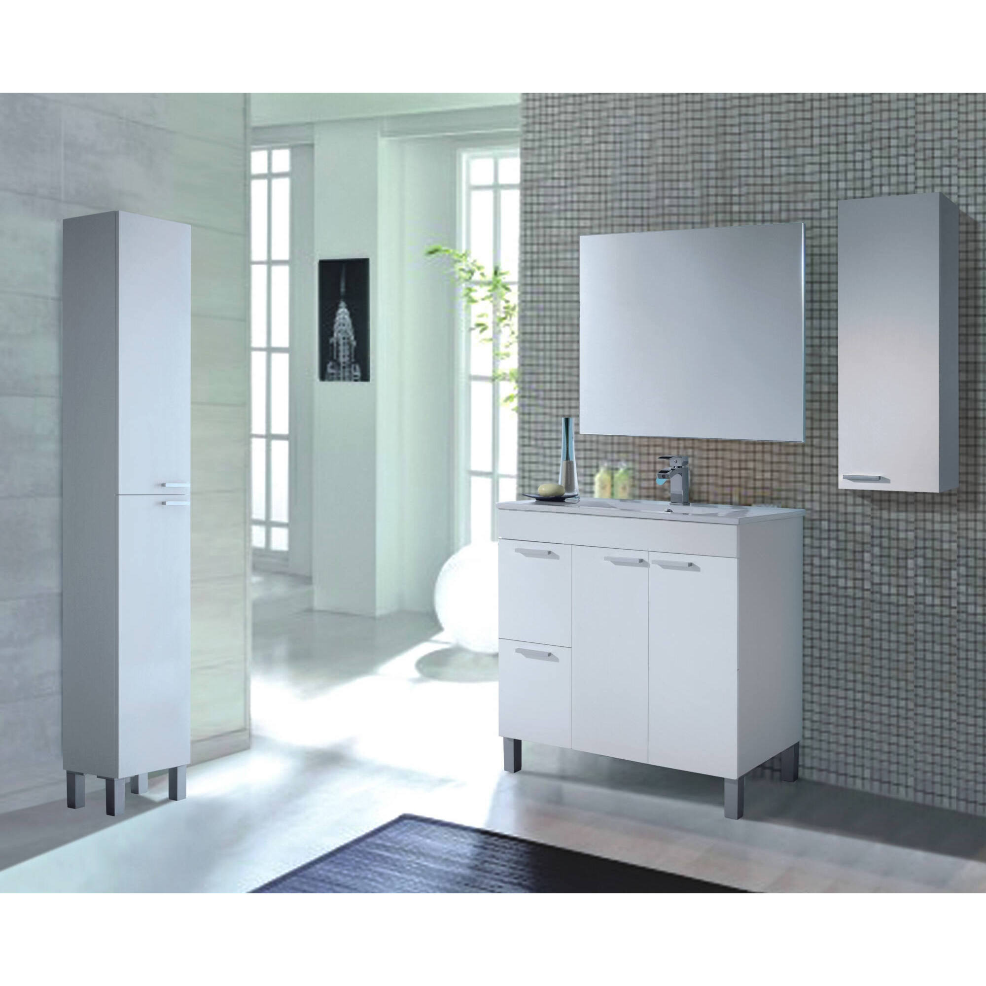 Mobile sottolavabo Aracth, Mobiletto per bagno, Armadio a 2 ante e due cassetti con specchio, lavabo non incluso, 80x45h80 cm, Bianco lucido