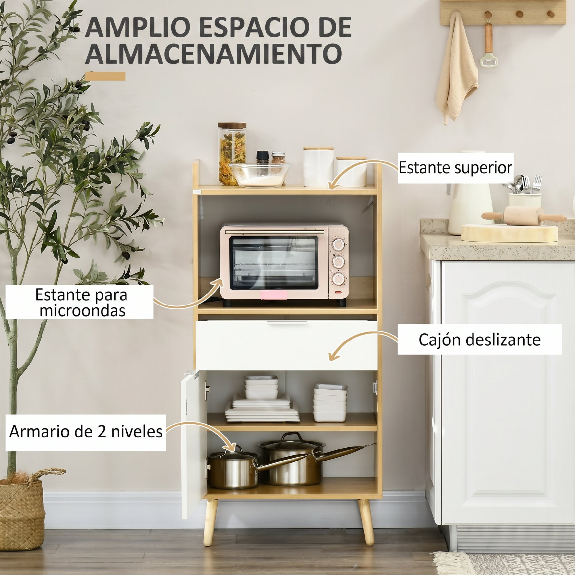 Mueble Microondas, Mueble Auxiliar de Cocina, Estilo Escandinavo con Armario, Cajón y Estante Ajustable, 58x40x118 cm, Natural y Blanco