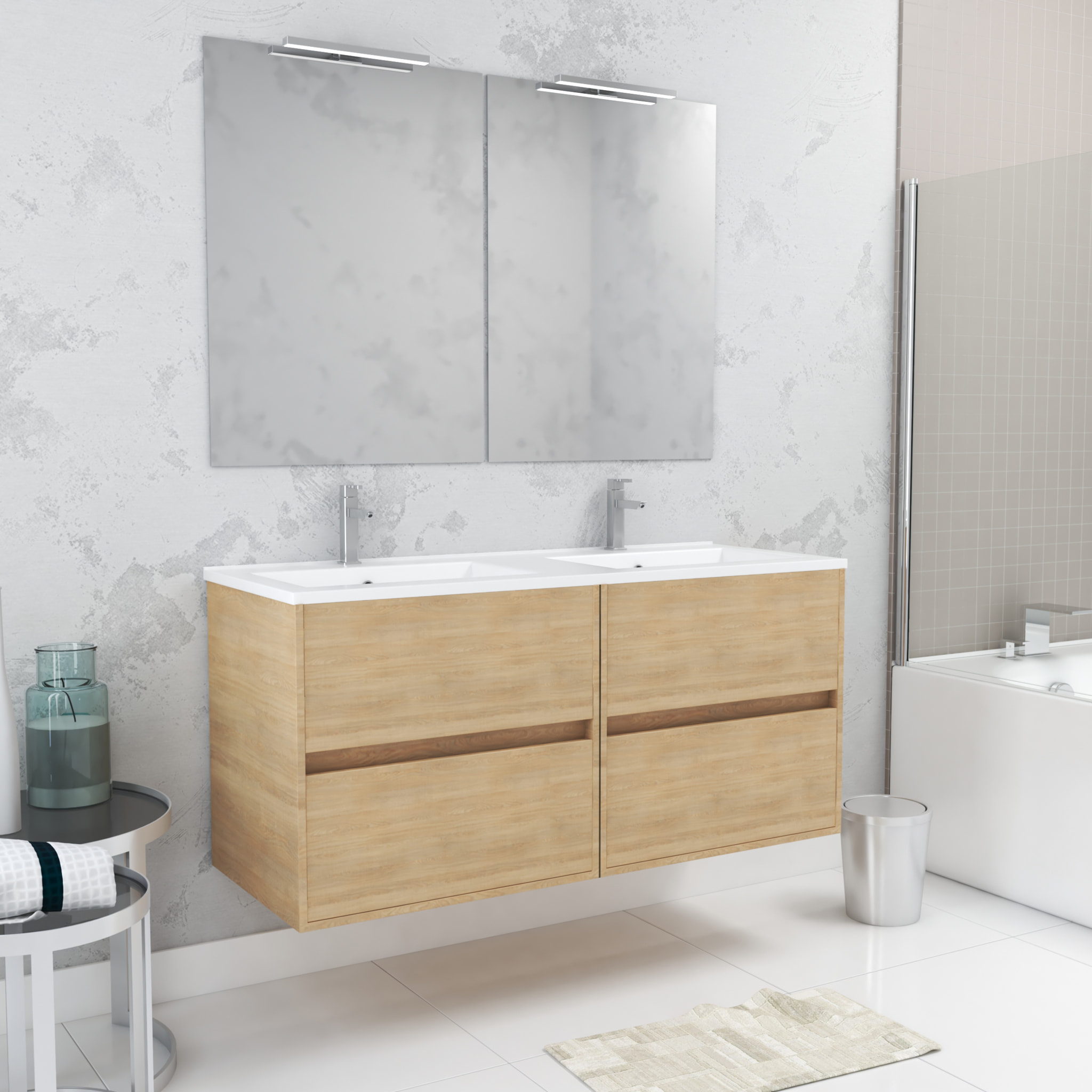 Meuble Salle de Bains 120 cm Chêne Clair 4 Tiroirs, Vasque, Miroirs 60x80 et Réglettes Led - XENOS