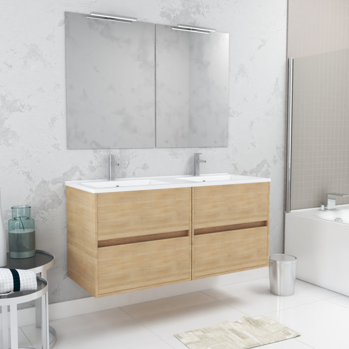 Meuble Salle de Bains 120 cm Chêne Clair 4 Tiroirs, Vasque, Miroirs 60x80 et Réglettes Led - XENOS