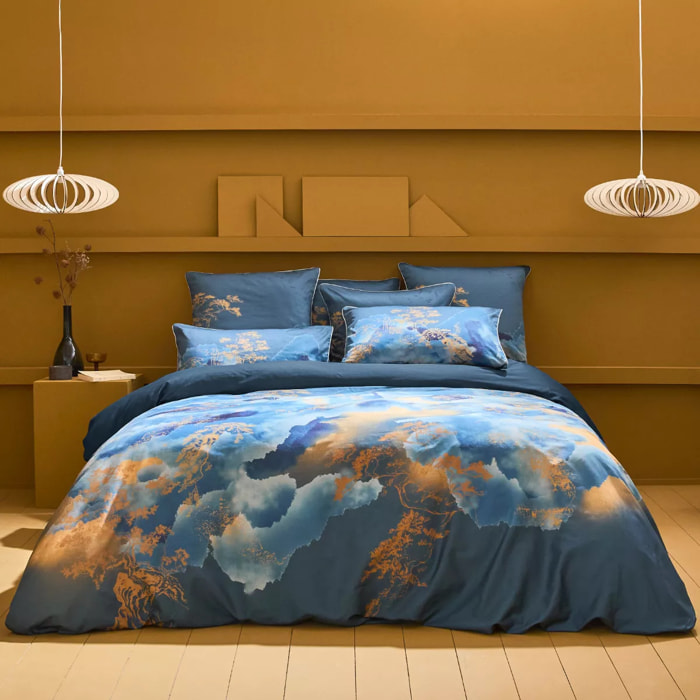 Housse de couette satin de coton imprimé bleu or Fuji nocturne
