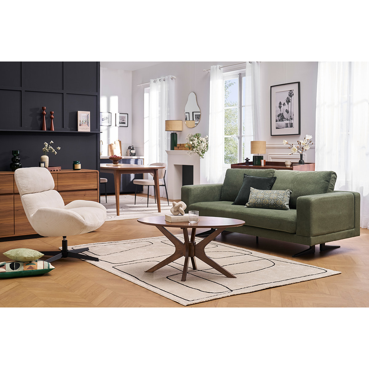 Fauteuil pivotant en tissu effet velours texturé taupe et métal noir KLEM
