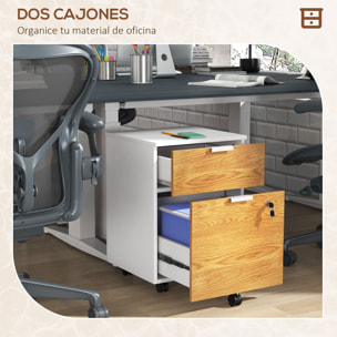 Cajonera de Oficina Mueble Archivador con 4 Ruedas 2 Cajones 2 Barras Colgantes Cerradura y 2 Llaves para Tamaño A4 Carta para Estudio Salón 42x40x60 cm Blanco y Natural