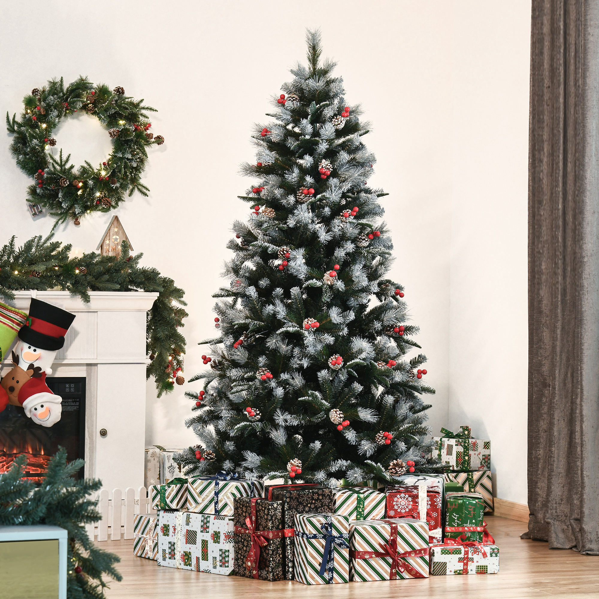 HOMCOM Albero di Natale Innevato con Bacche Rosse e Pigne Bianche, Base Rimovibile Pieghevole 180cm - Verde