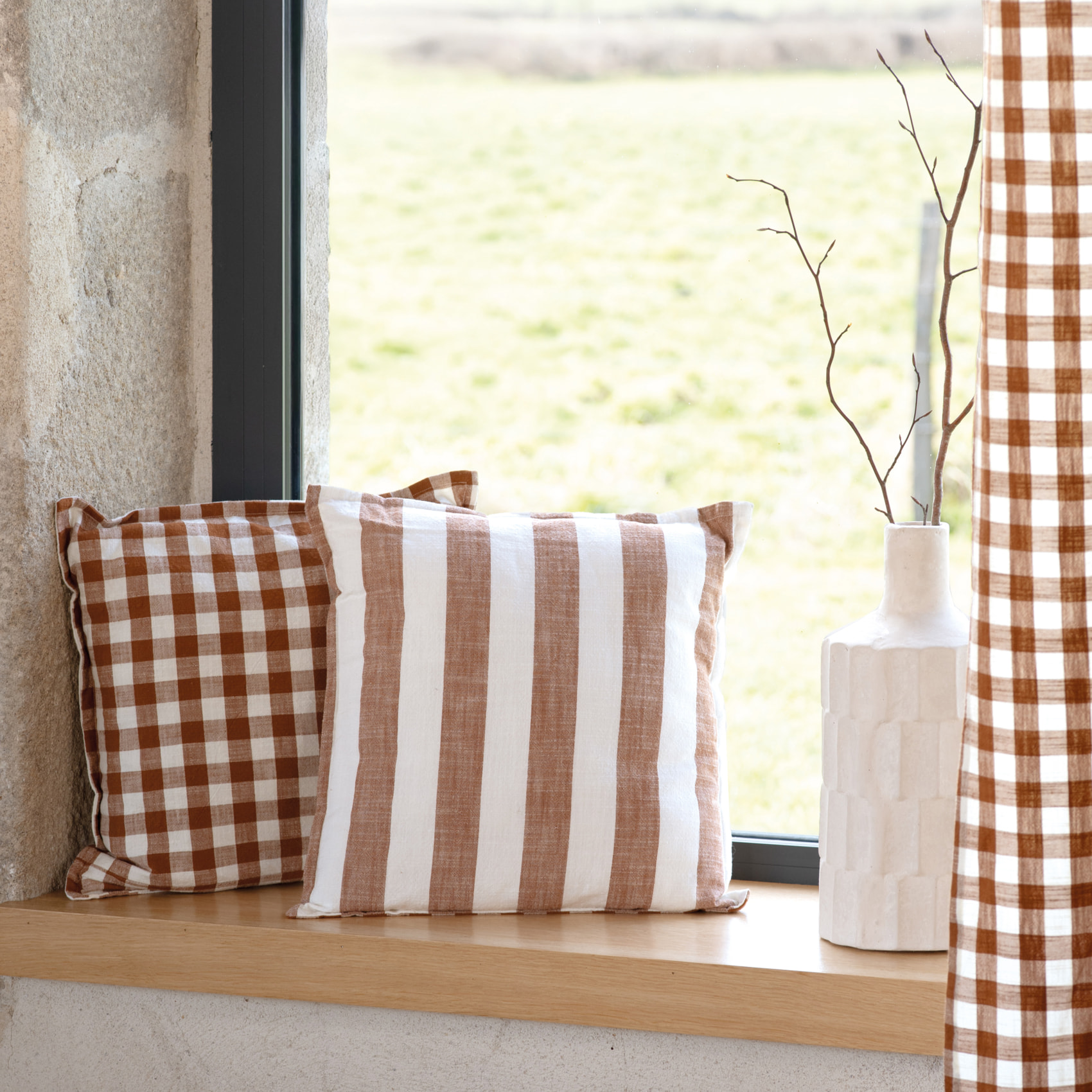 Housse de coussin recto-verso 100% coton rayures et vichy LOURMARIN - Terracotta