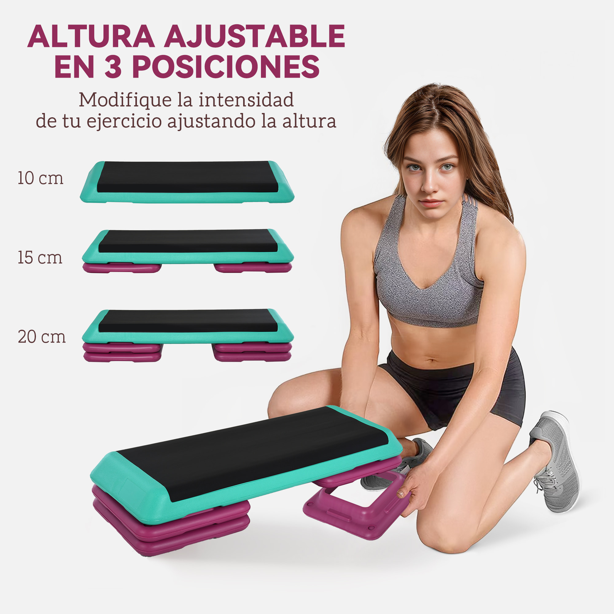 Step de Aeróbic, Step para Fitness Antideslizante, Altura Regulable 3 Niveles de 10/15/20 cm, Carga 150 kg, para Ejercicio en Casa, Gimnasio, 110x40x20 cm, Multicolor