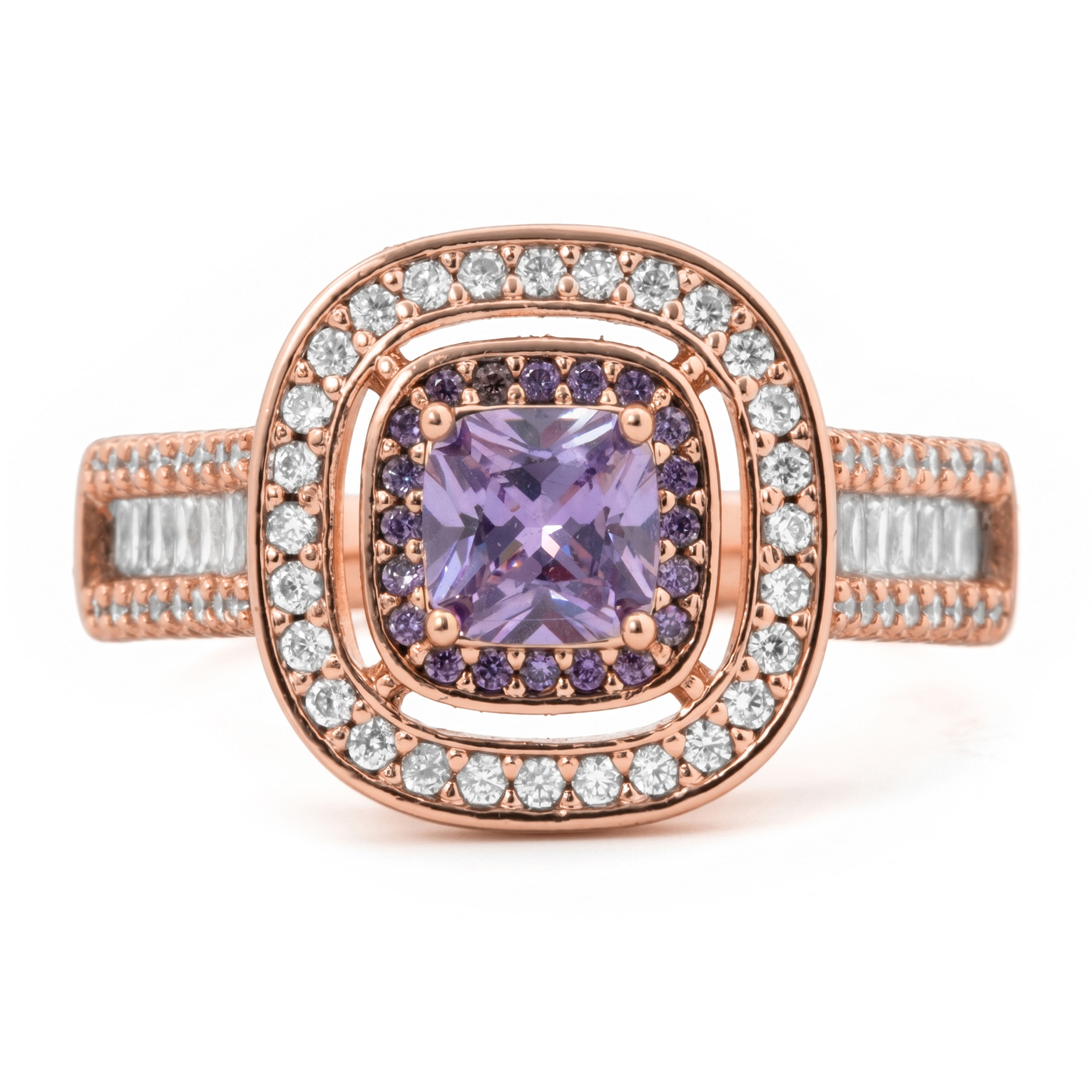 Anillo de Aleación de Metal y Circonita Amatista acabado en oro rosa de 18k