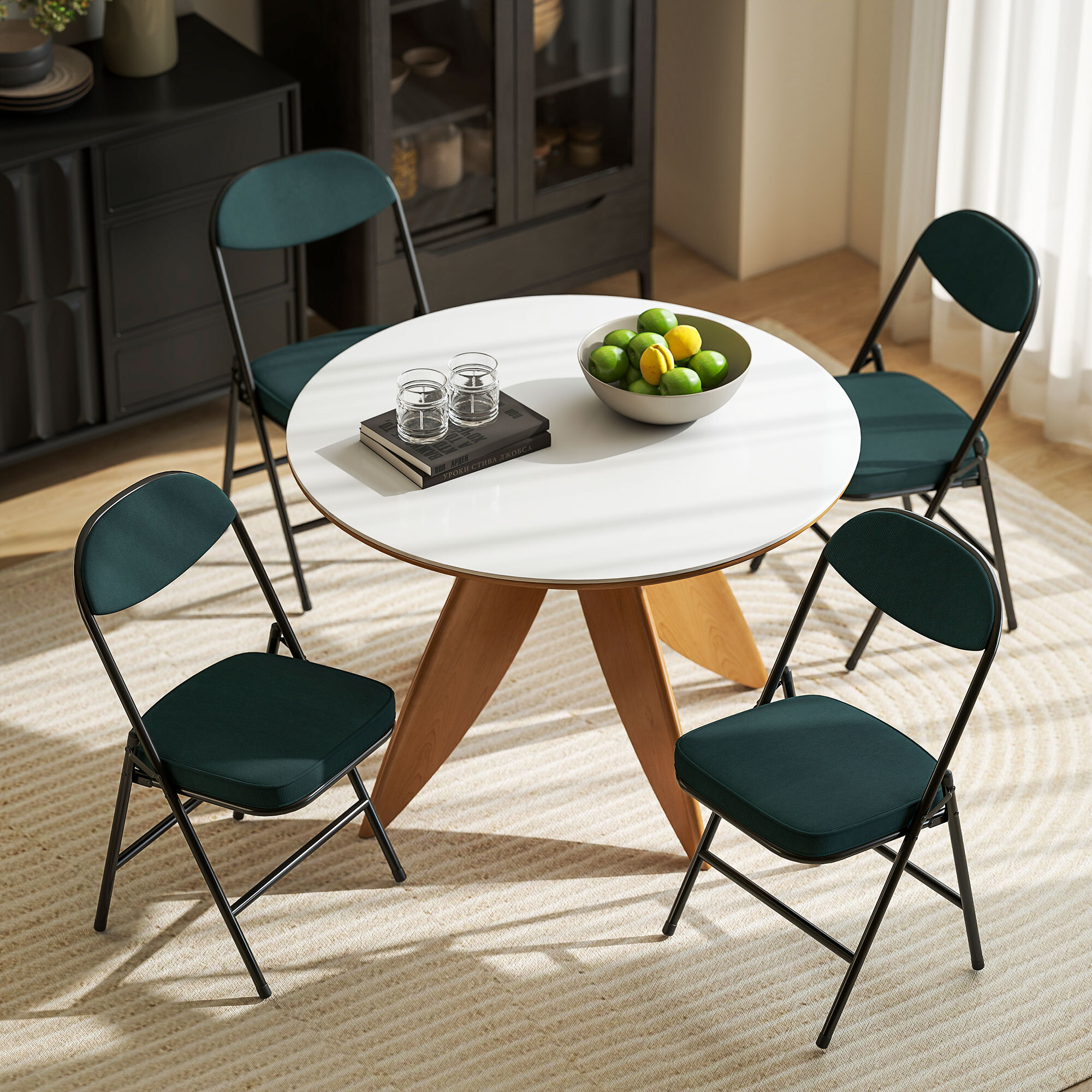 Lot de 4 chaises pliantes acier velours côtelé turquoise foncé