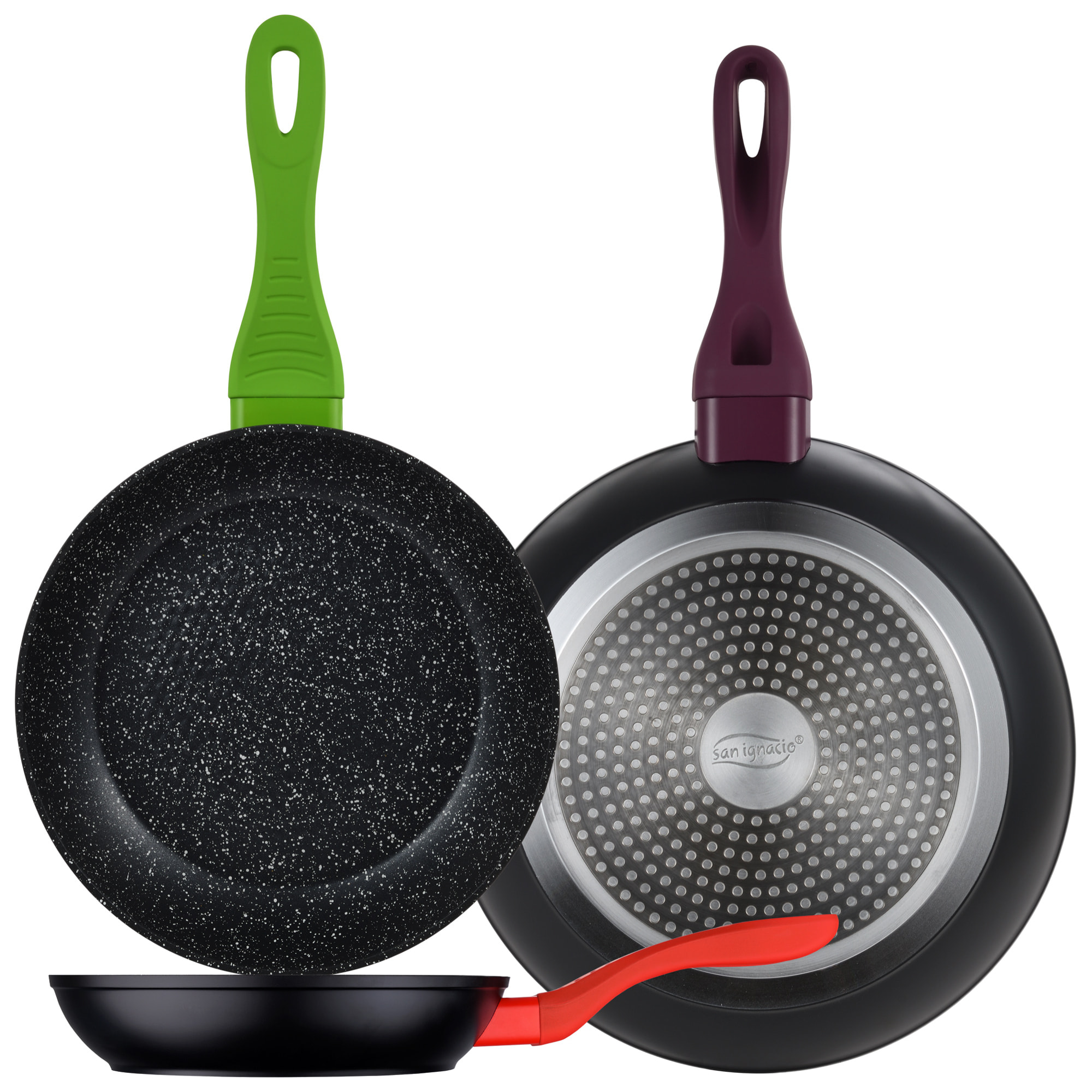 Bateria de cocina 7 piezas MAGEFESA Kenia de acero vitrificado con juego de sartenes (20/24/28 cm) SAN IGNACIO Jolie en aluminio forjado