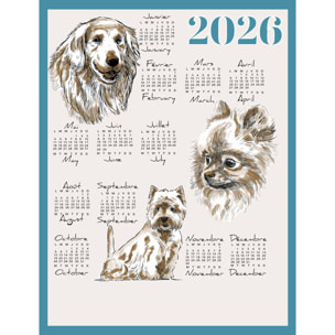 Torchon calendrier 2026 motif chiens coton - Bleu