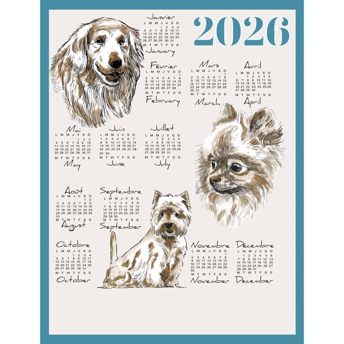 Torchon calendrier 2026 motif chiens coton - Bleu