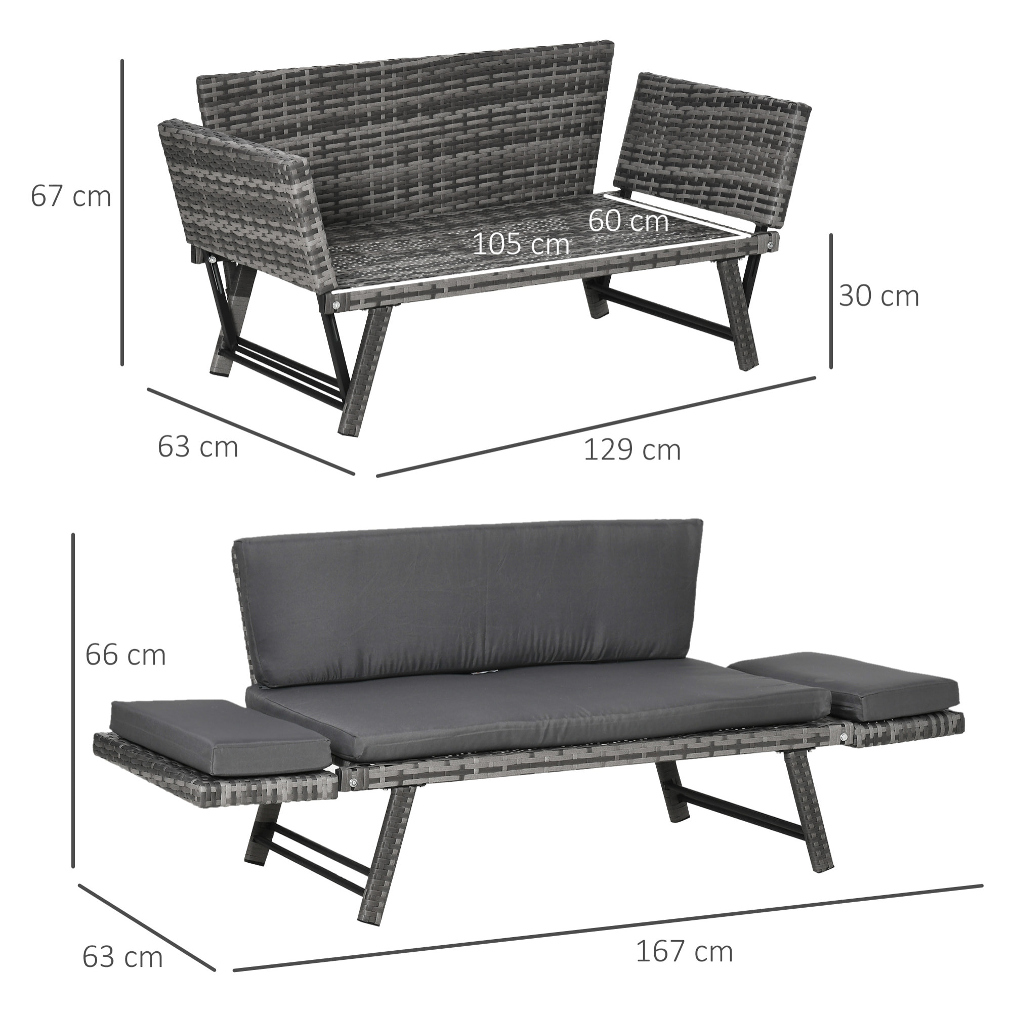 Outsunny Sofá de Ratán 2 Plazas Convertible Cama con Cojines Acolchados Gris