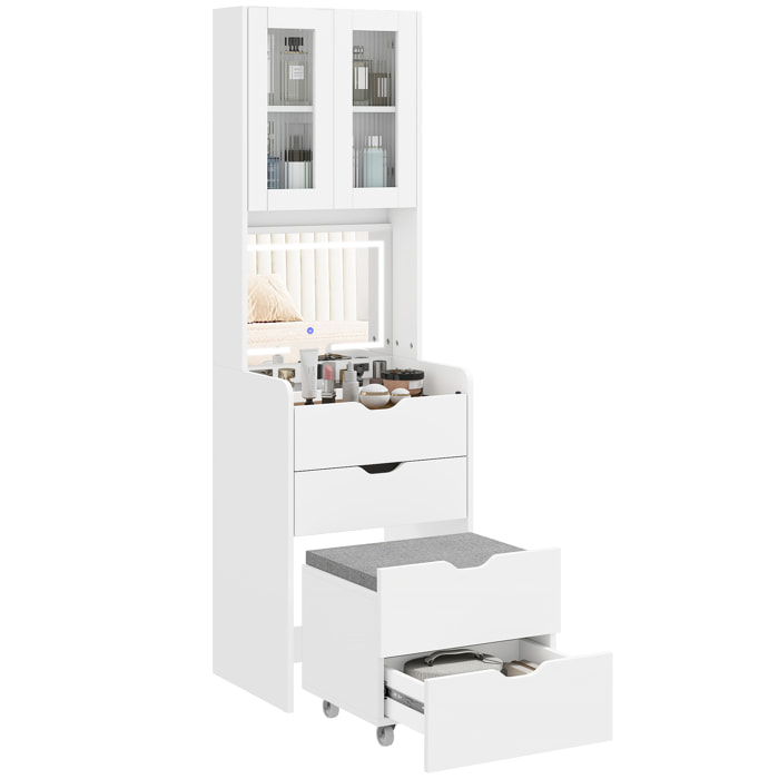 Tocador de Maquillaje con luces LED de 3 Colores, Espejo Abatible y Taburete Acolchado, Mesa de Maquillaje de Vidrio Visible con 3 Cajones y Estantes, para Espacios Reducidos, Vestidor, Blanco