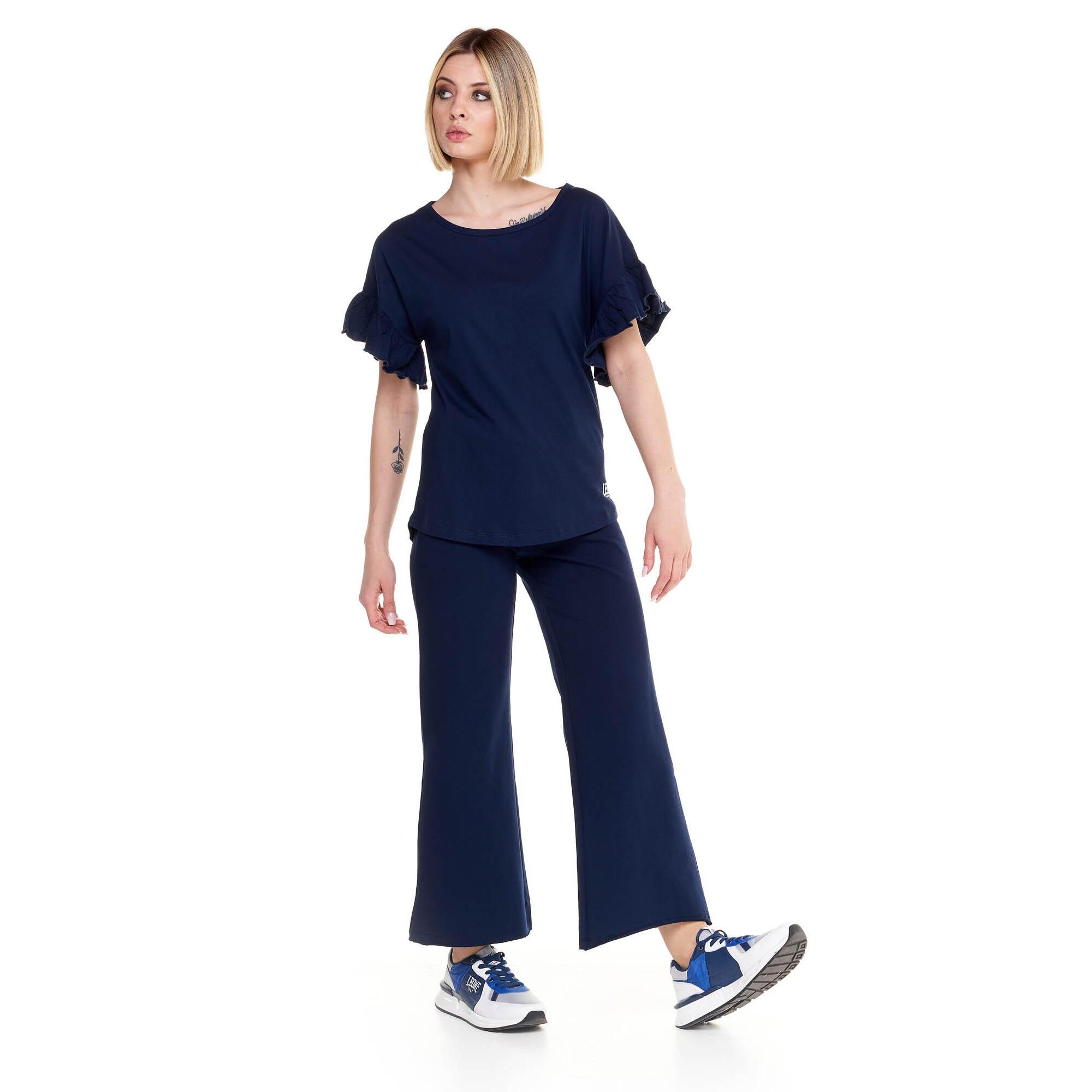 Camiseta de mujer brillante de manga corta con volantes