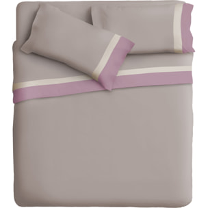 Completo letto doppia balza RASO IPERSAN Puro Cotone Malva/Panna fondo Tortora