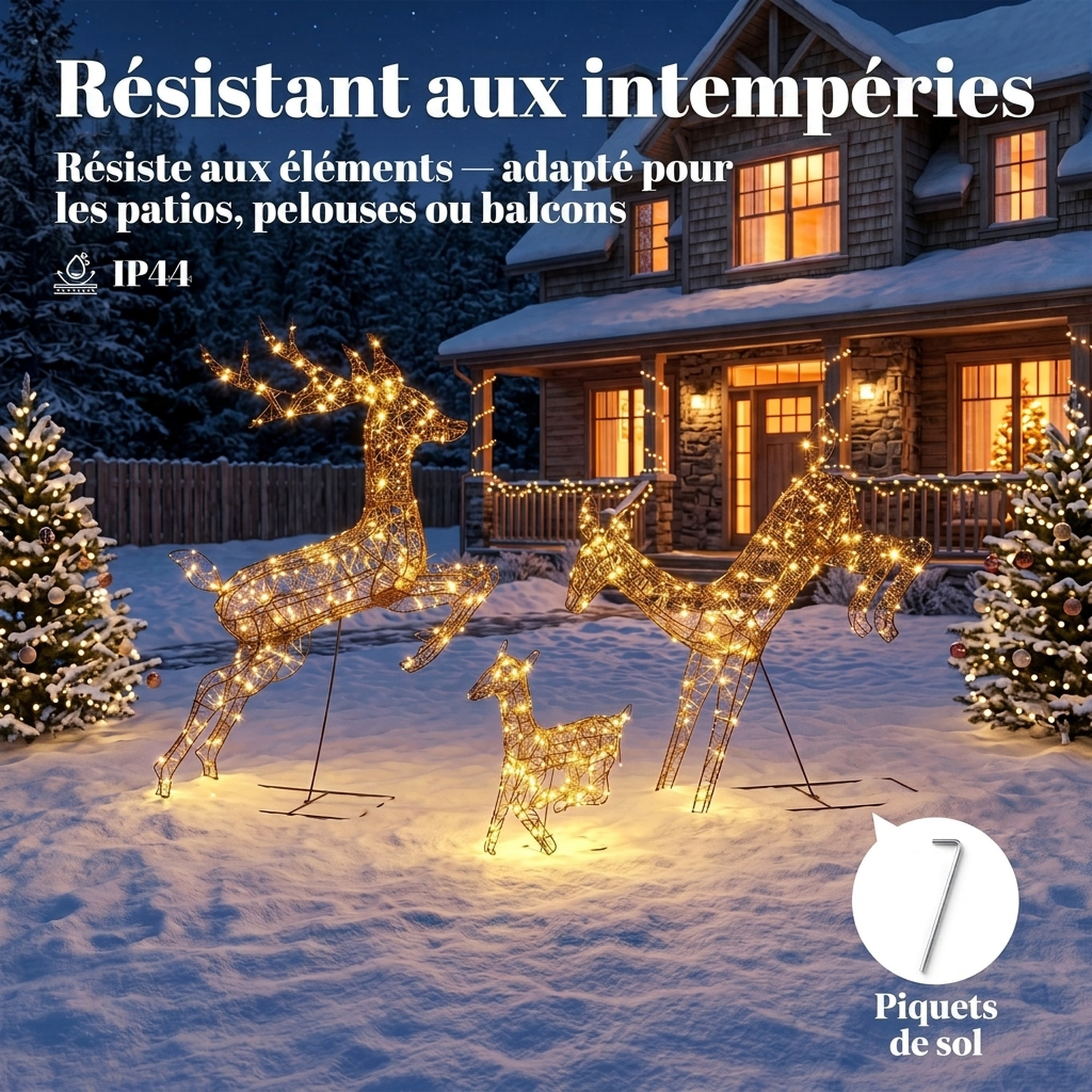 Lot de 3 rennes LEDs de Noël 200 LEDs blanc chaud 8 modes timer