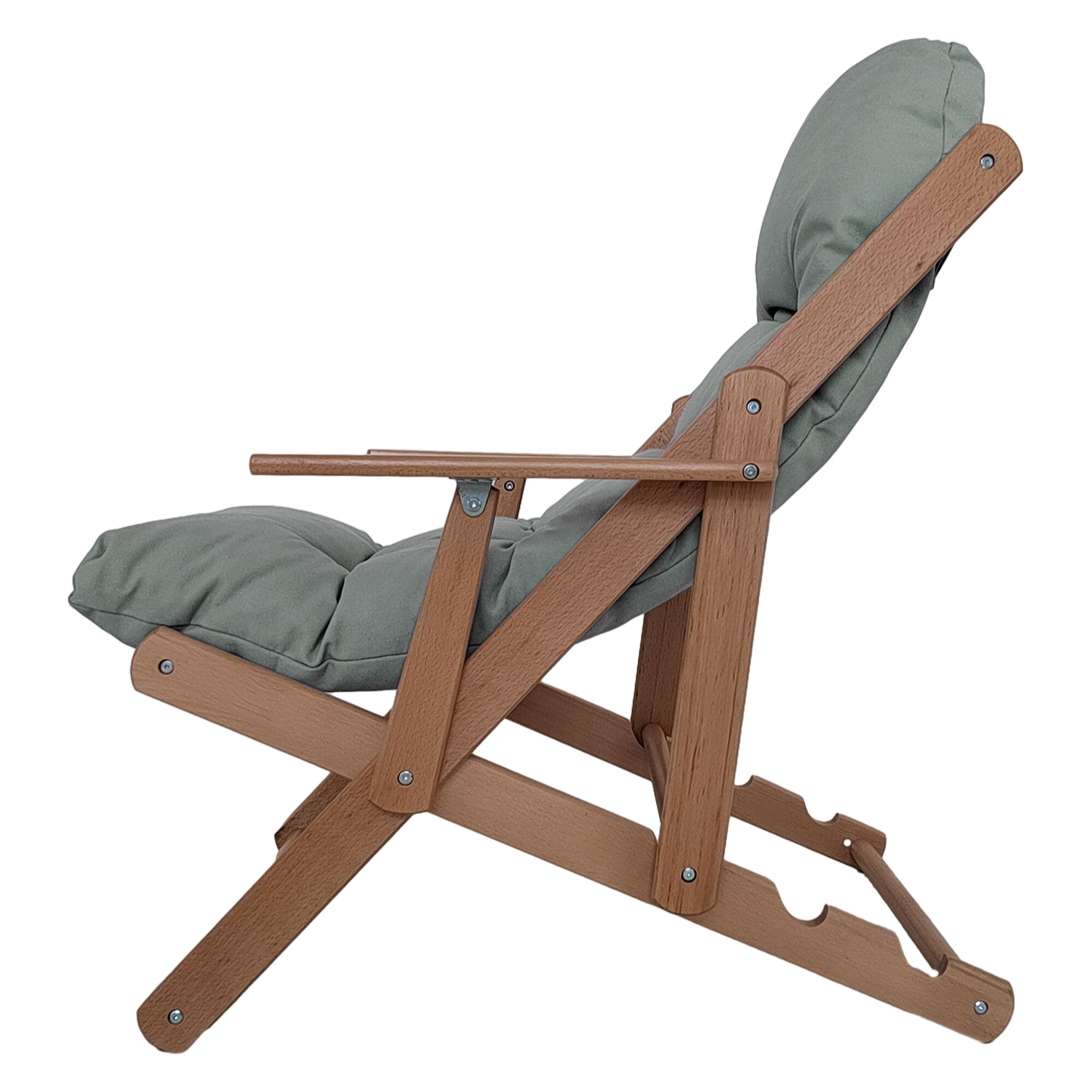 Fauteuil chaise pliable et inclinable en bois grand confort avec coussin capitonné épais - dim. 71I x 89P x 96H cm - gris