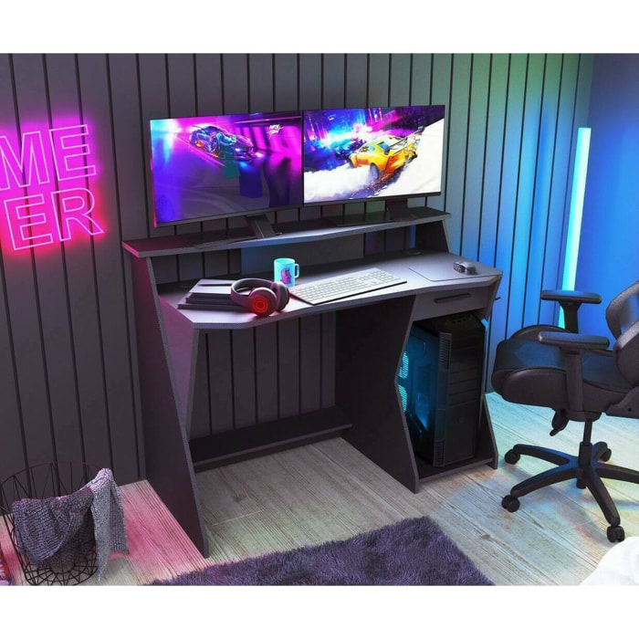 Scrivania Ripoli, Scrittoio da gaming, Tavolo per ufficio porta PC, Piano di lavoro, 124x60 h90 cm, Grigio scuro e Nero