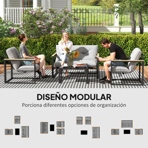Conjunto de Jardín Exterior de 4 Piezas Muebles Jardín Exterior con 2 Sillones y 1 Sofá de 2 Plazas con Cojines y Mesa de Centro con Tablero de Vidrio Templado Gris y Negro