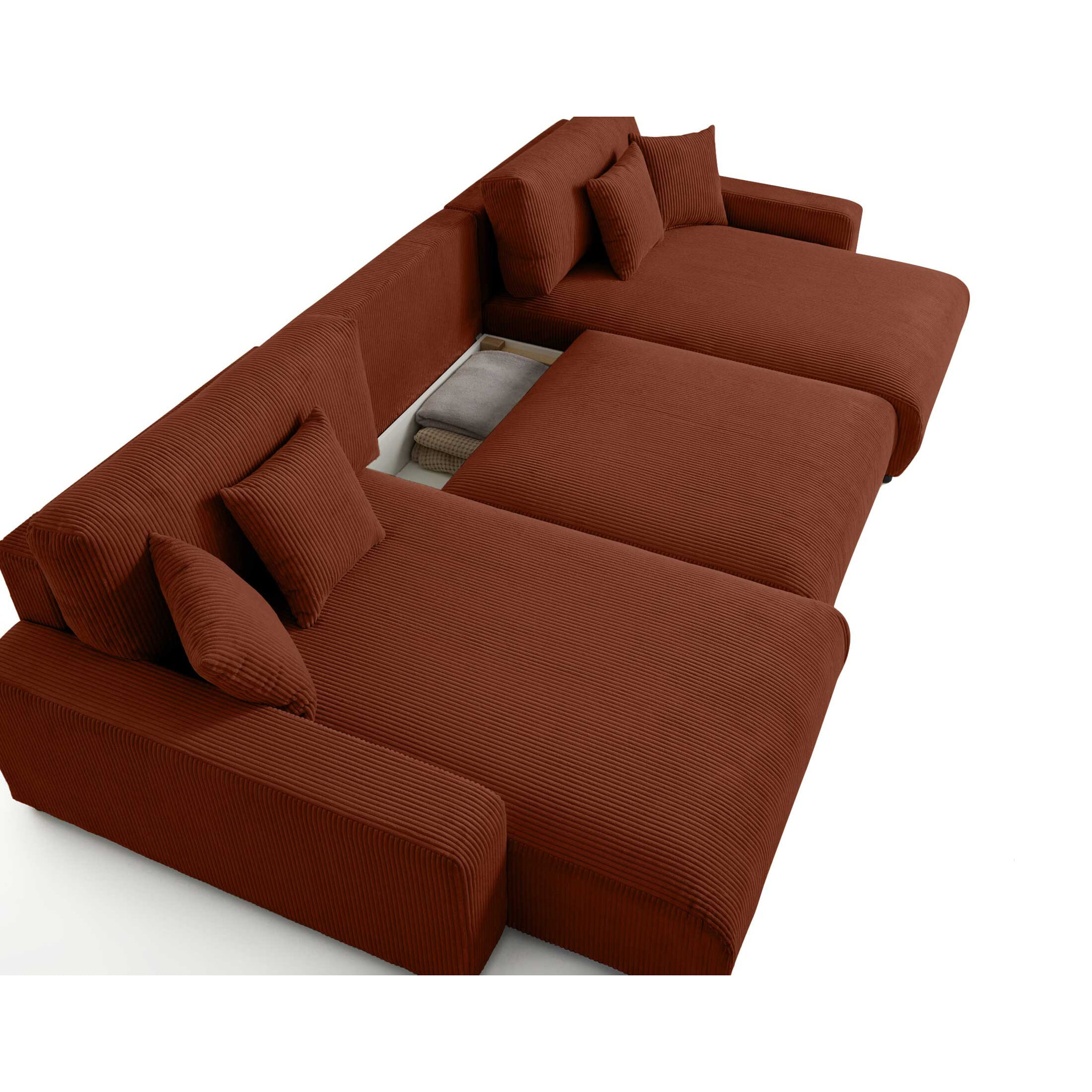 Pivoine - canapé panoramique en U - 7 places - convertible avec coffre - en velours côtelé - Terracotta