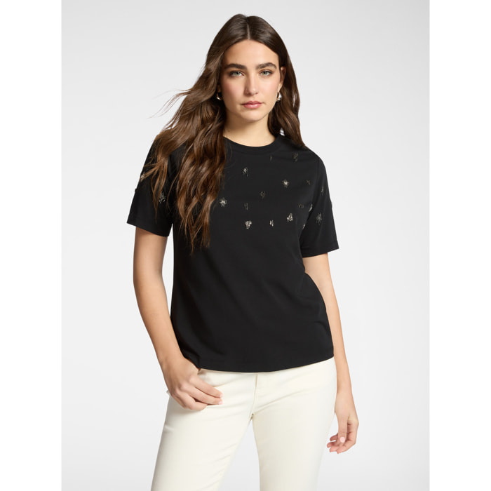 Elena Mirò - T-shirt in cotone con ricamo - Nero