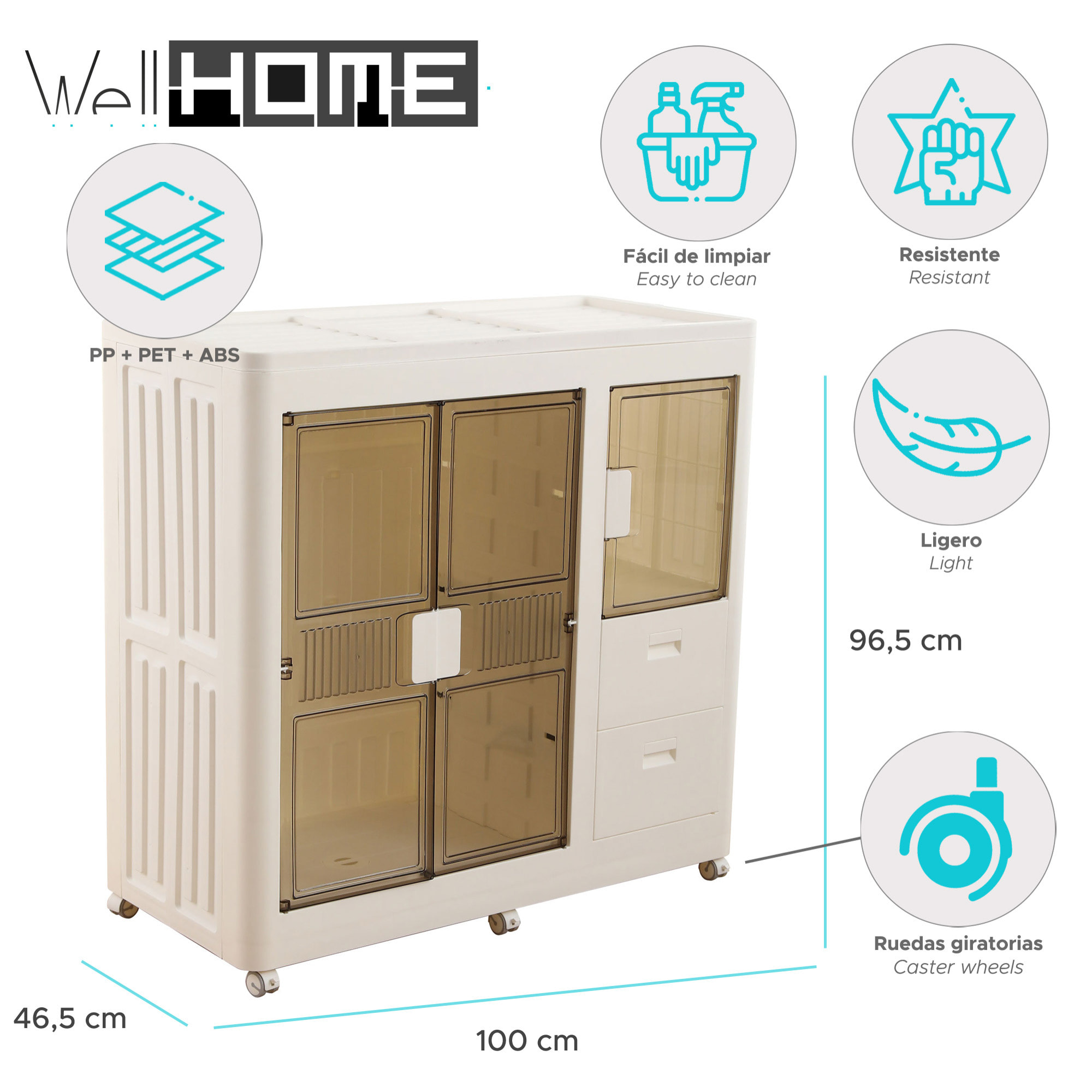 Armario plegable con Ruedas 2 Compartimentos y 2 Cajones en color Blanco 100x46,5x96,5cm