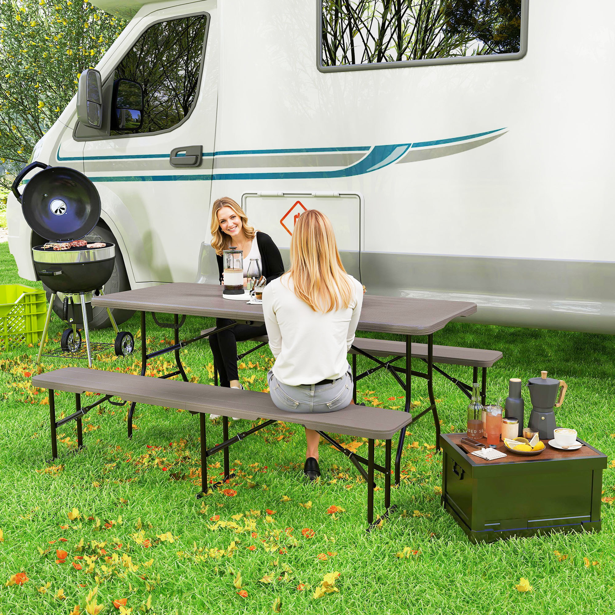 Conjunto de Camping Plegable de 3 Piezas Mesa Plegable Camping con Bancos Incluye 1 Mesa 180x74x74 cm y 2 Bancos Efecto Madera Impermeable para Acampadas Jardín Pícnic Marrón