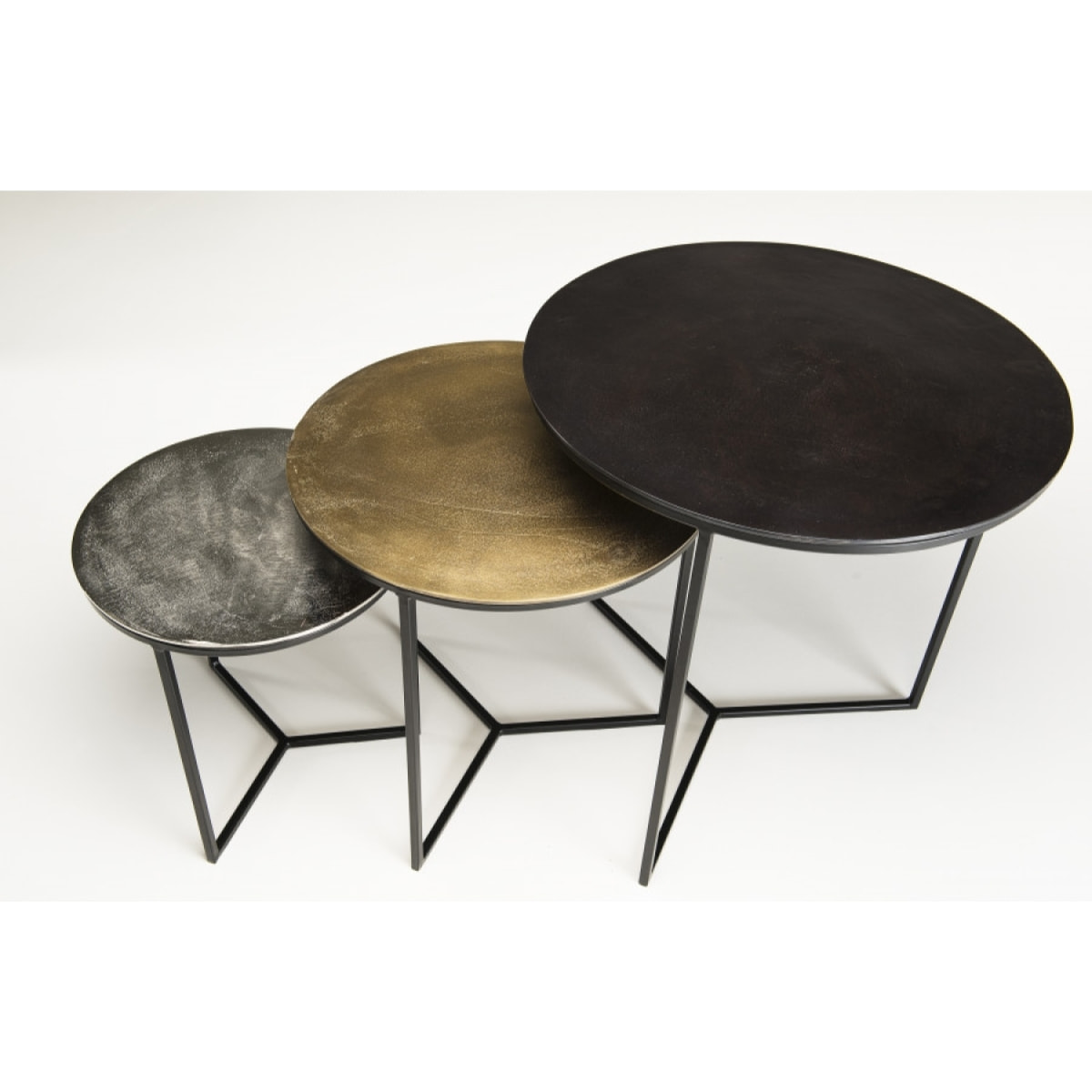 JONAS - Set de 3 tables gigognes rondes aluminium noir doré argenté - pieds métal noir