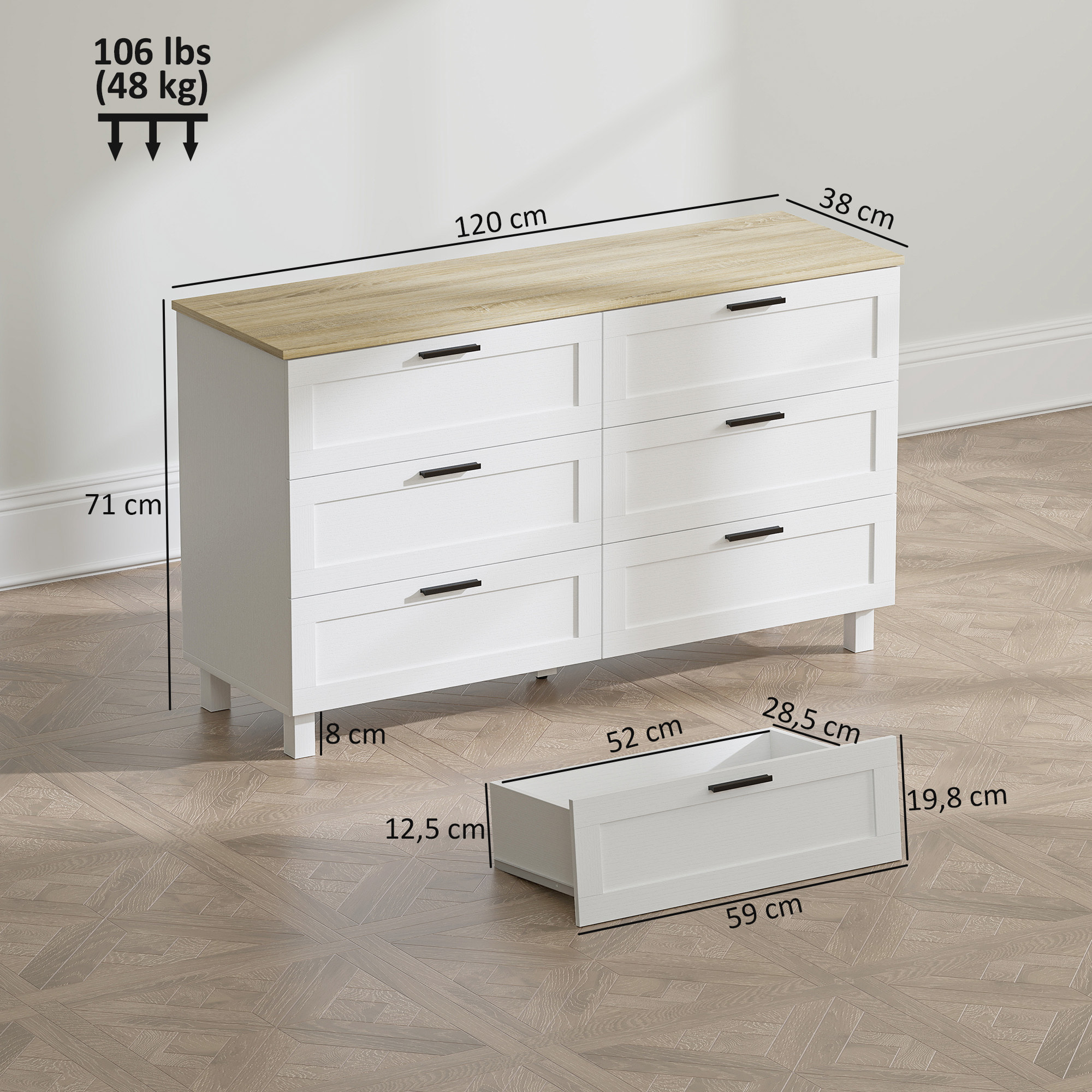 Cómoda 6 Cajones, Cómoda Dormitorio con Patas de Madera, Cajonera para Salón, Oficina, Estilo Moderno, 120x38x71 cm, Blanco