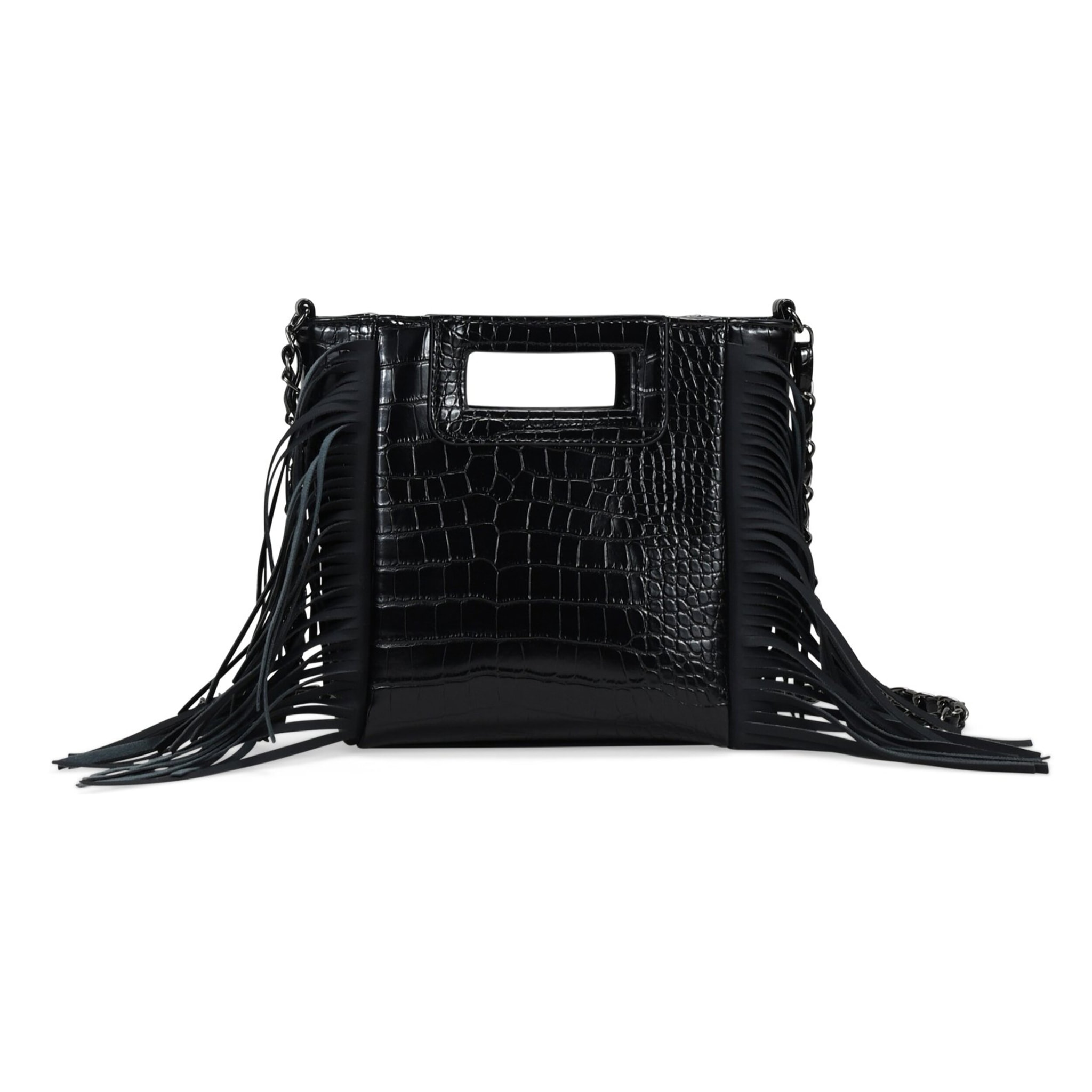 Bolso de mano negro con flecos